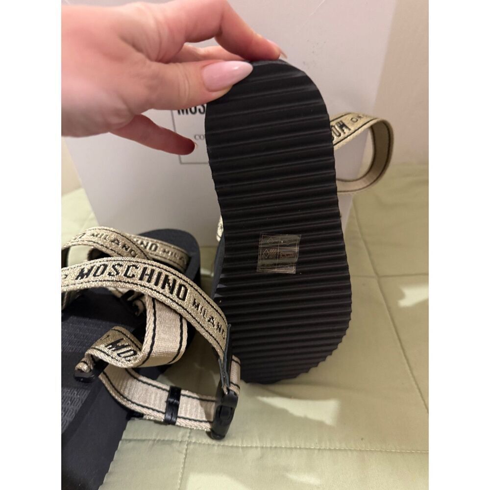Moschino Logo Tape multi-strap sandals in black and gold - Picture 8 of 12